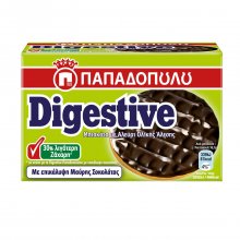 Παπαδοπούλου μπισκότα Digestive ολικής άλεσης με επικάλυψη μαύρης σοκολάτας και 30% λιγότερη ζάχαρη 200gr