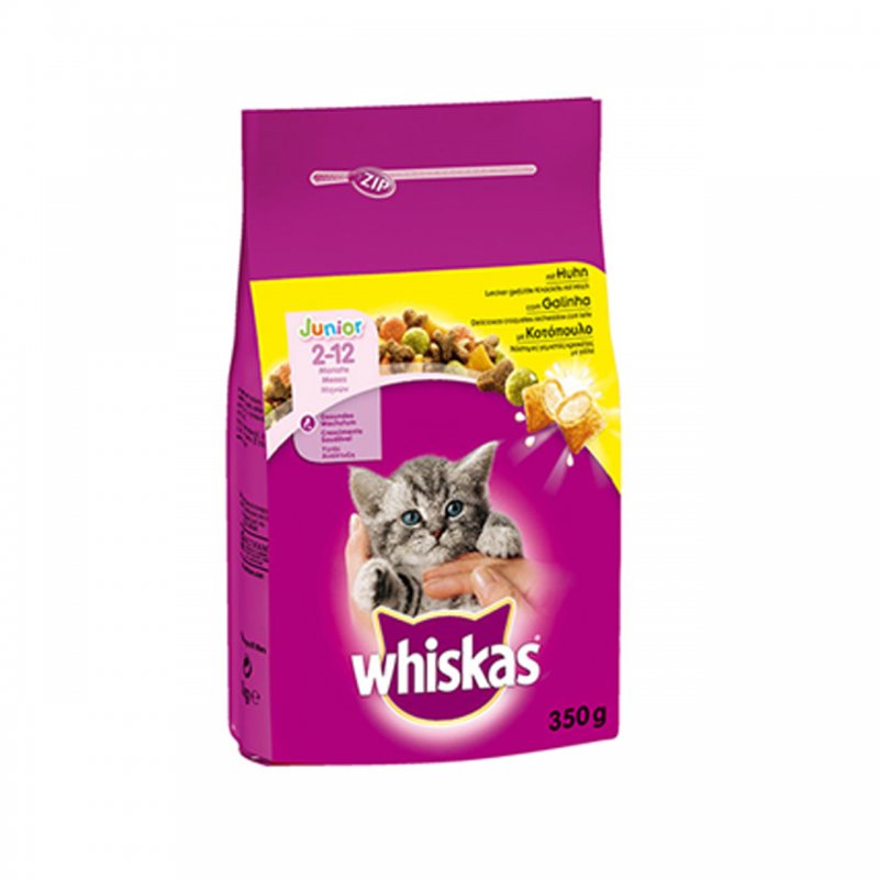 Whiskas Junior 2-12 months ξηρά τροφή για μικρά γατάκια με κοτόπουλο και mini γεμιστές κροκέτες με γάλα. Η ξηρά τροφή Whiskas Junior κοτόπουλο είναι ειδικά σχεδιασμένη για τις ανάγκες και τις προτιμήσεις των εφήβων γατών ηλικίας κάτω των 12 μηνών, όπως επίσης και τις έγκυες και θηλάζουσες γάτες. Η Whiskas Junior προσφέρει μια ισορροπημένη διατροφή που κρατά τα γατάκια απόλυτα ικανοποιημένα και υγιή. 