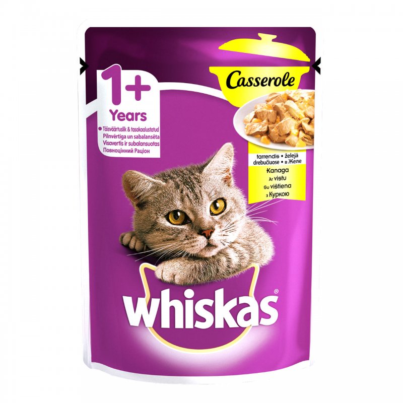 Whiskas 100% πλήρες και ισορροπημένο γεύμα για ενήλικες γάτες! Τo WHISKAS Casserole με Κοτόπουλο σε ζελέ, χάρη στη μοναδική υφή και όψη του, μοιάζει σαν το μαγειρευτό κρέας στην κατσαρόλα που έχετε ετοιμάσει εσείς. Η γάτα σας θα λατρέψει τις ακαταμάχητες, ζουμερές μπουκίτσες του WHISKAS Casserole λαμβάνοντας παράλληλα όλα τα απαραίτητα θρεπτικά στοιχεία που έχει ανάγκη.