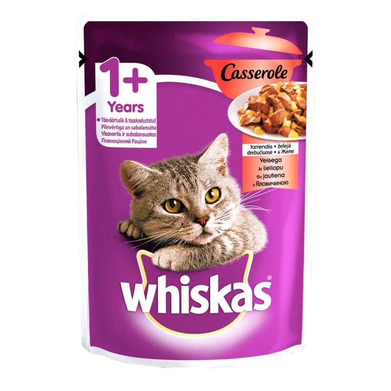 Whiskas 100% πλήρες και ισορροπημένο γεύμα για ενήλικες γάτες! Τo WHISKAS Casserole με μοσχάρι σε ζελέ, χάρη στη μοναδική υφή και όψη του, μοιάζει σαν το μαγειρευτό κρέας στην κατσαρόλα που έχετε ετοιμάσει εσείς. Η γάτα σας θα λατρέψει τις ακαταμάχητες, ζουμερές μπουκίτσες του WHISKAS Casserole λαμβάνοντας παράλληλα όλα τα απαραίτητα θρεπτικά στοιχεία που έχει ανάγκη.