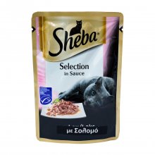 Sheba πλήρης υγρή τροφή για ενήλικες γάτες με σολομό σε σάλτσα 85gr