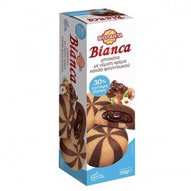 Βιολάντα Μπισκότα Bianca με γέμιση κρέμα κακάο φουντουκιού και 30% λιγότερη ζάχαρη150gr
