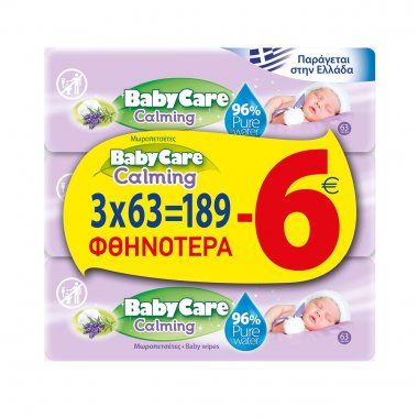 Baby Care calming μωρομάντηλα με εκχύλισμα λεβάντας & βαμβακιού 3Χ63 τεμάχια