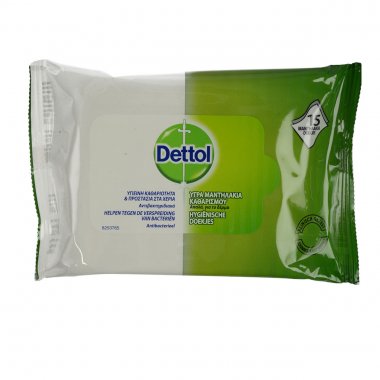 Dettol αντιβακτηριδιακά υγρά μαντηλάκια καθαρισμού χεριών 15 τεμαχίων