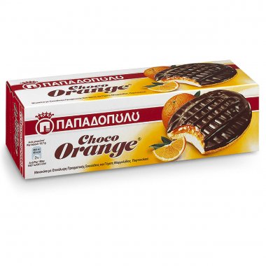 Παπαδοπούλου μπισκότα Choco Orange με επικάλυψη σοκολάτας και γέμιση μαρμελάδας πορτοκαλιού 150gr